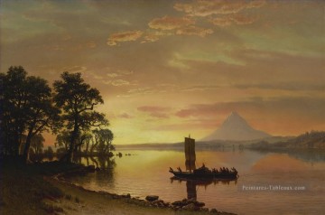 INDIANS ON THE COLUMBIA RIVER WITH MOUNT HOOD IN THE DISTANCE American Albert Bierstadt Peinture à l'huile